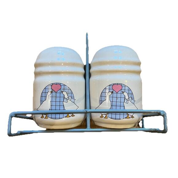 Unbranded Other - Vintage Salt Pepper Shakers With Holder 80s Geese Country Cottagecore Blue